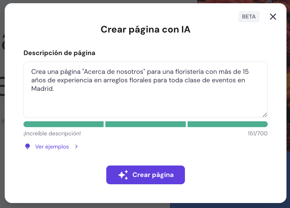 Función Crear página con IA del HWB