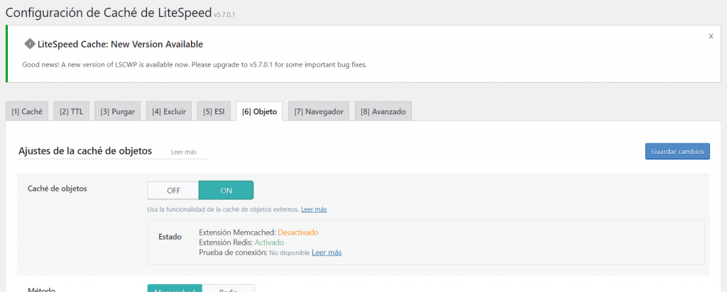 Configuración del plugin LiteSpeed Cache con la caché de objetos activada.