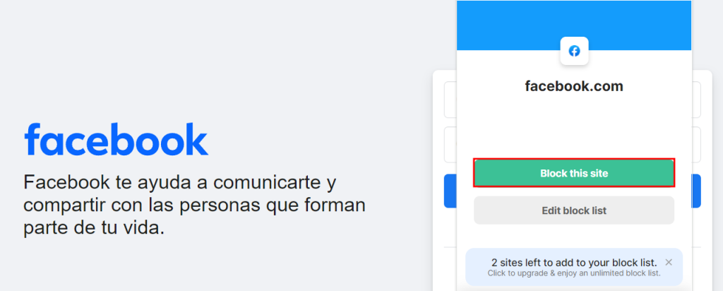 Ejemplo de cómo bloquear una página web con la extensión BlockSite en Chrome.