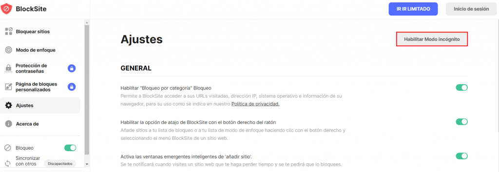 Habilitar modo incógnito en BlockSite.