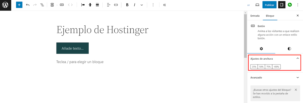 Ajustes de anchura de un bloque de Gutenberg