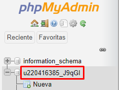 Bases de datos elegida en phpMyAdmin