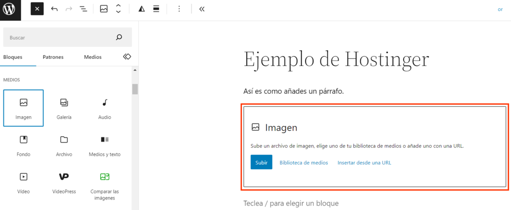 Caja de opciones de imagen de Gutenberg