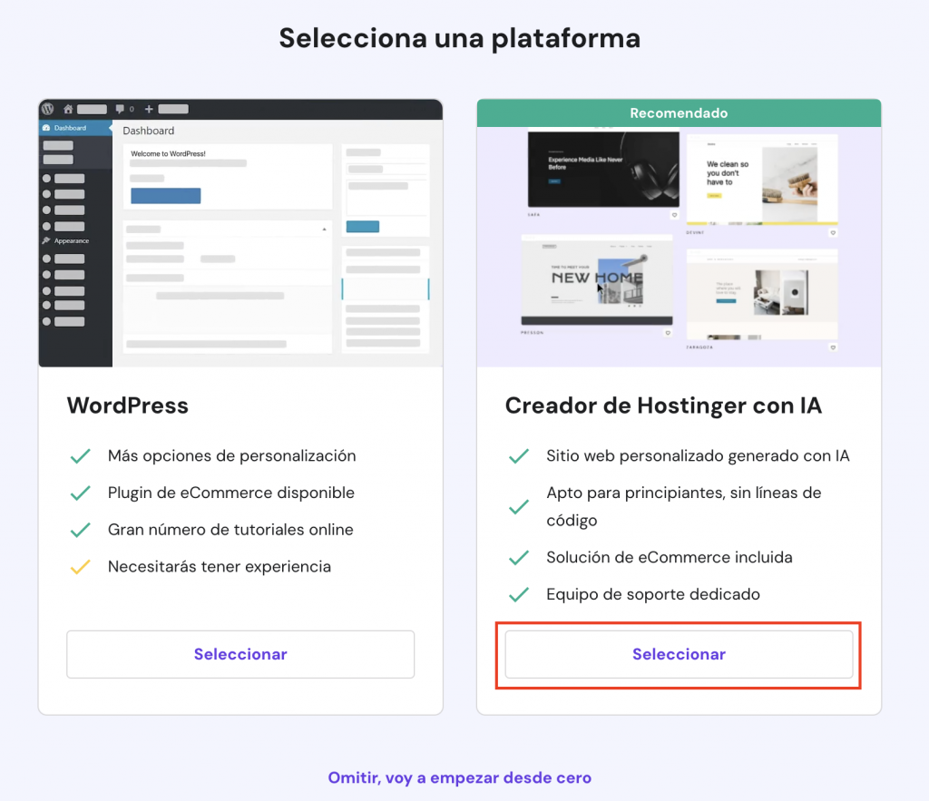 Seleccionar una plataforma en Hostinger