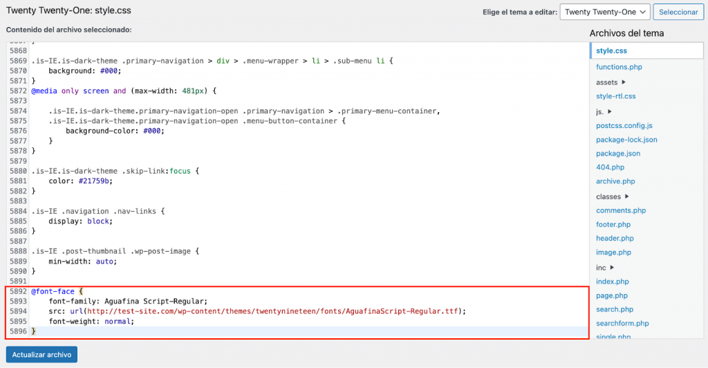 Editor del tema en el panel de control de WordPress