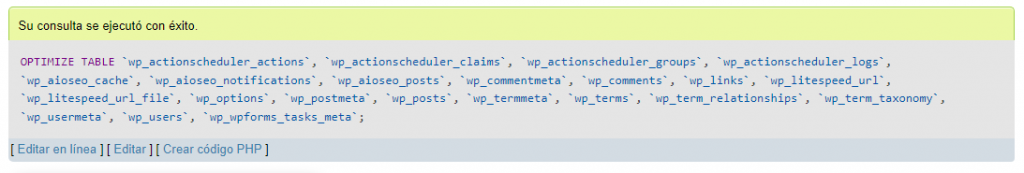 Mensaje de consulta correcta en phpMyAdmin