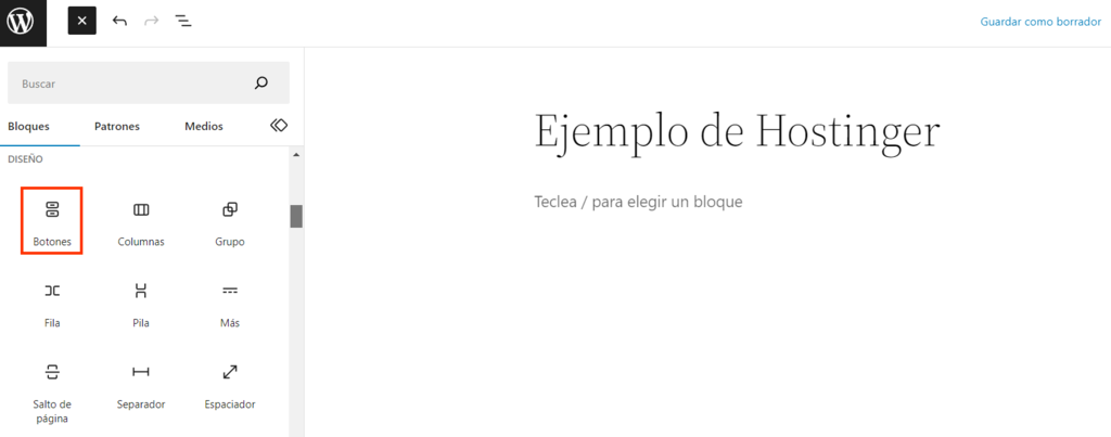 Opción Botones de WordPress Gutenberg