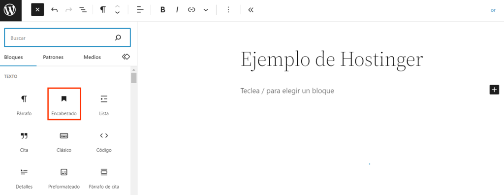 Opción Encabezado del editor Gutenberg