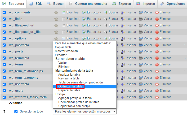 Opción Optimizar tabla de phpMyAdmin