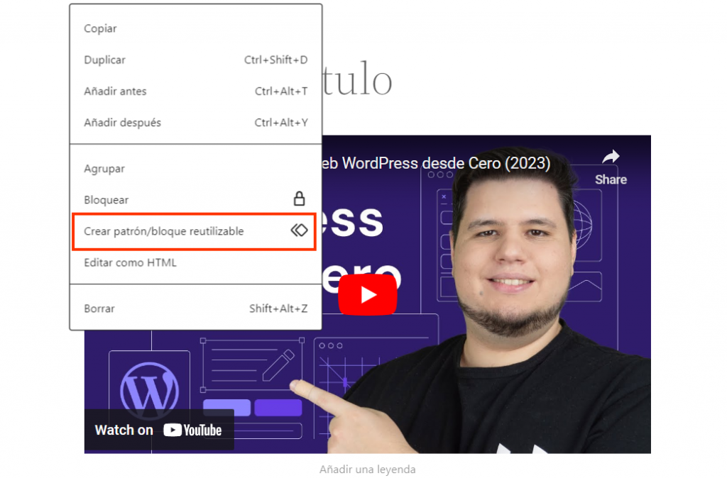Opción para crear un patrón/bloque reutilizable