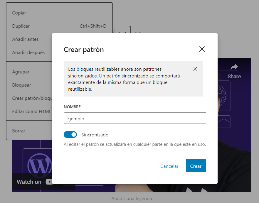 Opción para nombrar patrón/bloque reutilizable