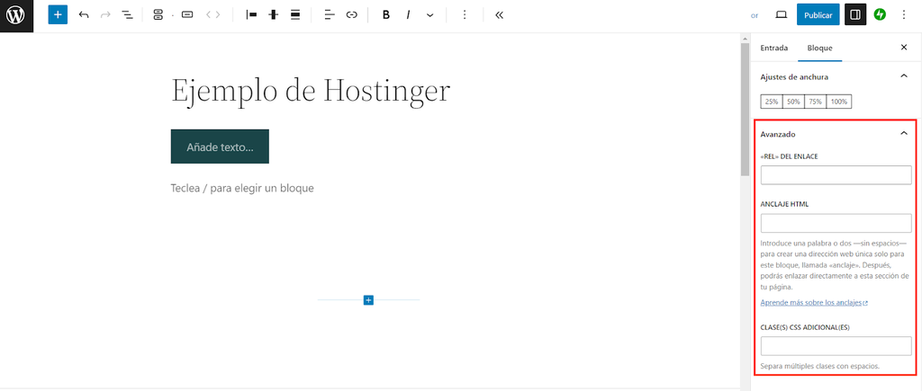 Opciones avanzadas de un bloque de Gutenberg