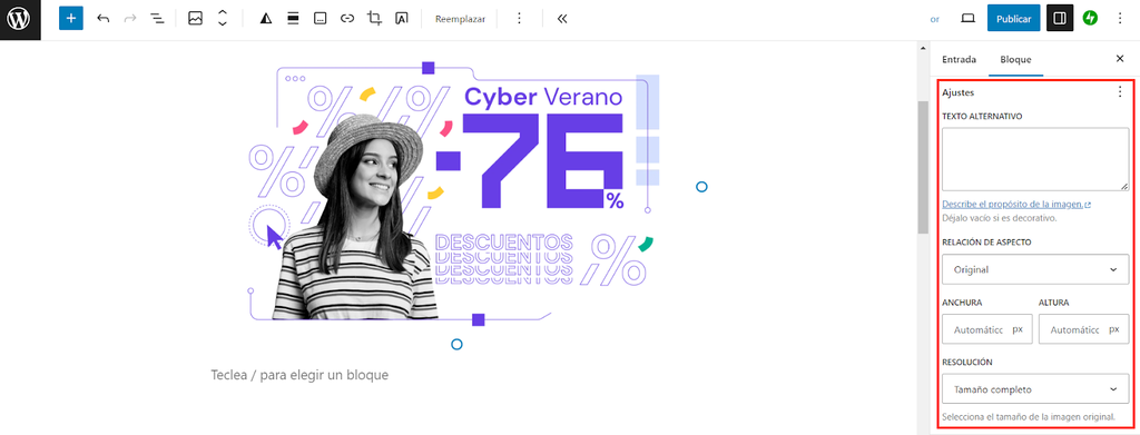 Opciones de Ajustes de imagen de Gutenberg