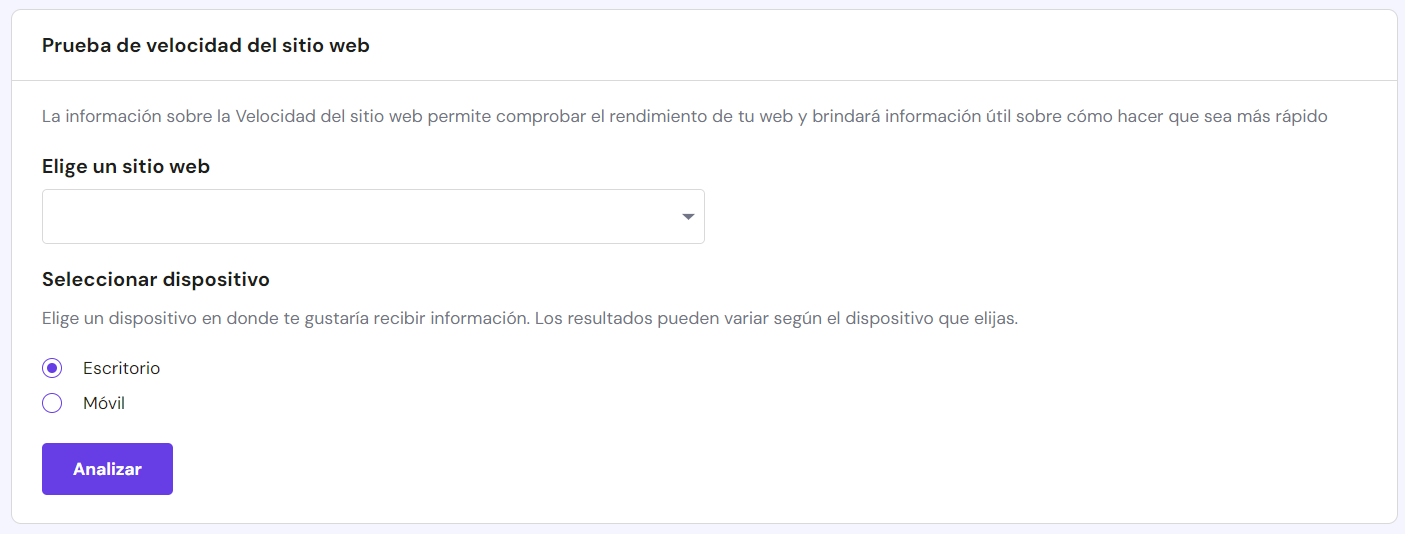 Opciones de Velocidad de la página en hPanel