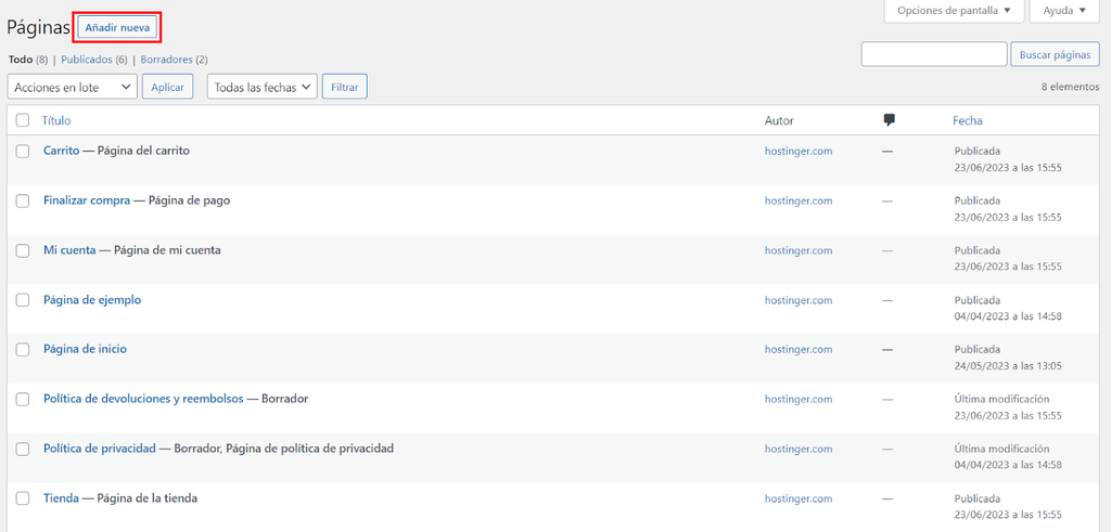 Sección de Páginas de WordPress