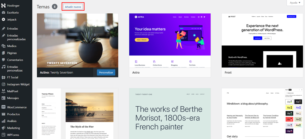 Sección de Temas de WordPress