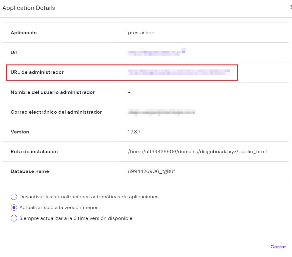 Sección de Detalles de la aplicación de hPanel