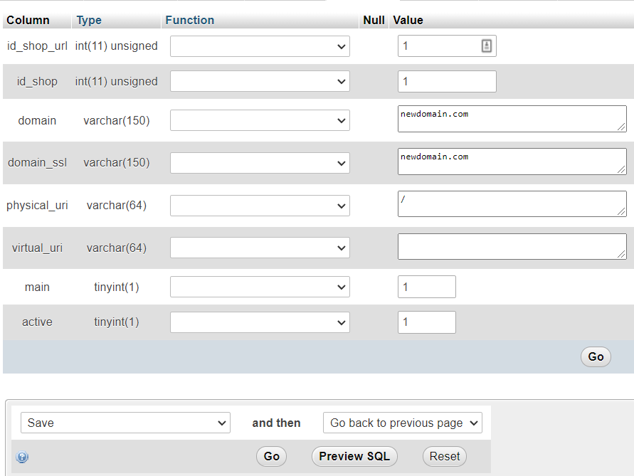 Sección para establecer el nuevo dominio en phpMyAdmin