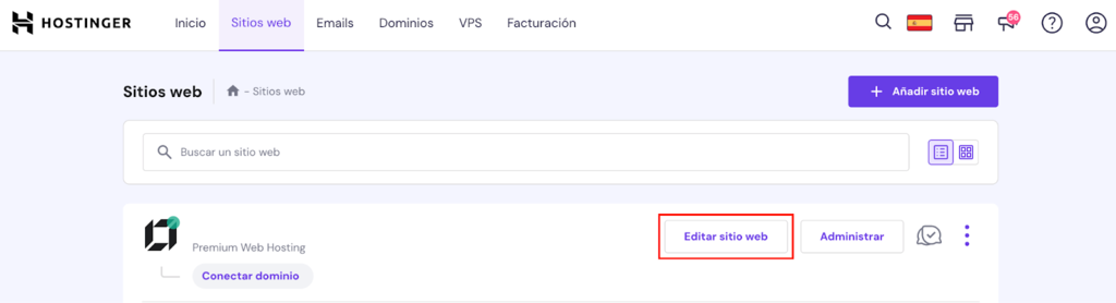 Opción de Editar sitio web de hPanel
