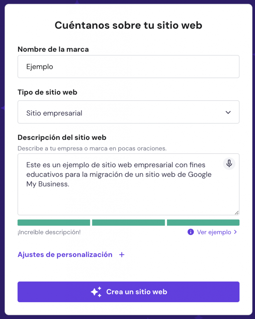 Descripción del sitio web para la IA de Hostinger