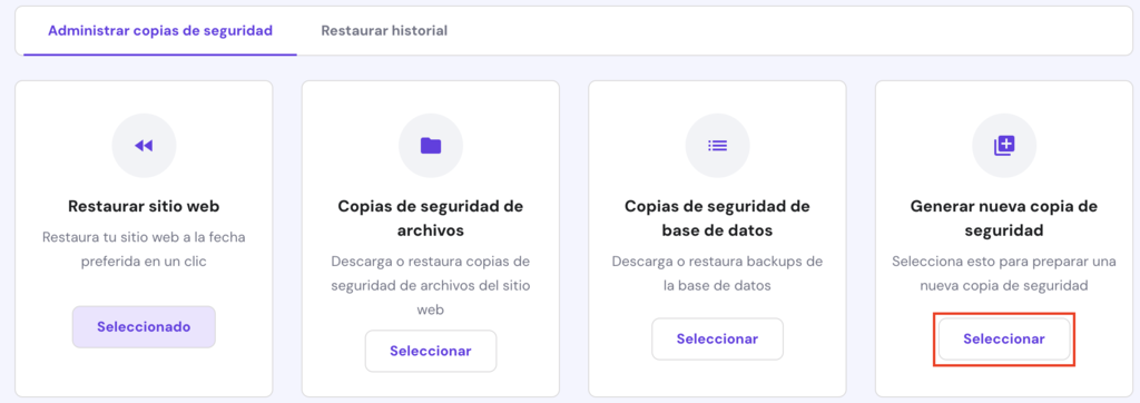 Administrar copias de seguridad en hPanel