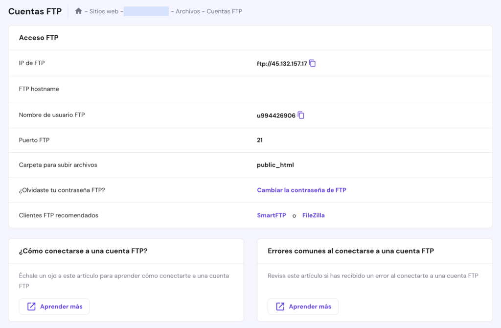Sección de cuentas FTP de hPanel