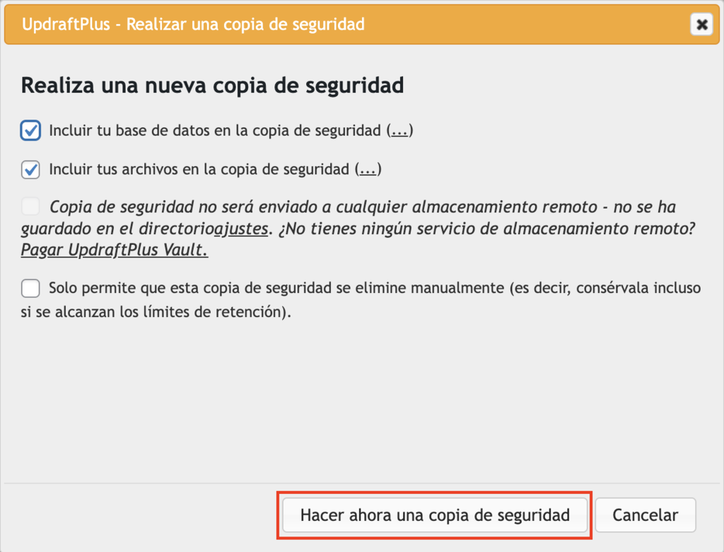 Opción de Hacer una copia de seguridad de WP