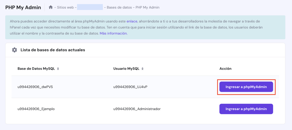 PHP My Admin en hPanel
