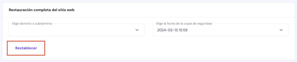 Opción restauración del sitio web en hPanel