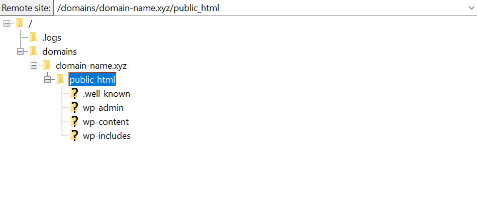 El directorio public_html en el cliente FTP FileZilla