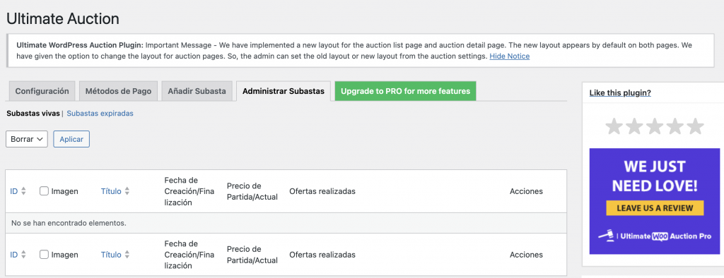 Sección de Administrar subastas en Ultimate Auction