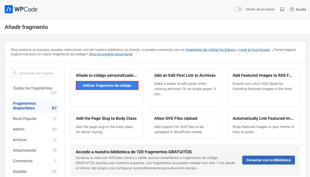 Sección de WPCode en WP