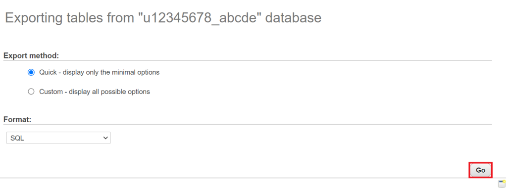 El botón Ir de la pestaña Exportar de phpMyAdmin