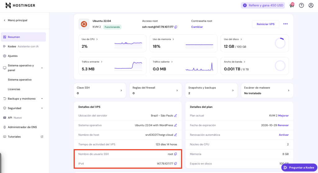 Acceso SSH del menú general de su VPS en hPanel