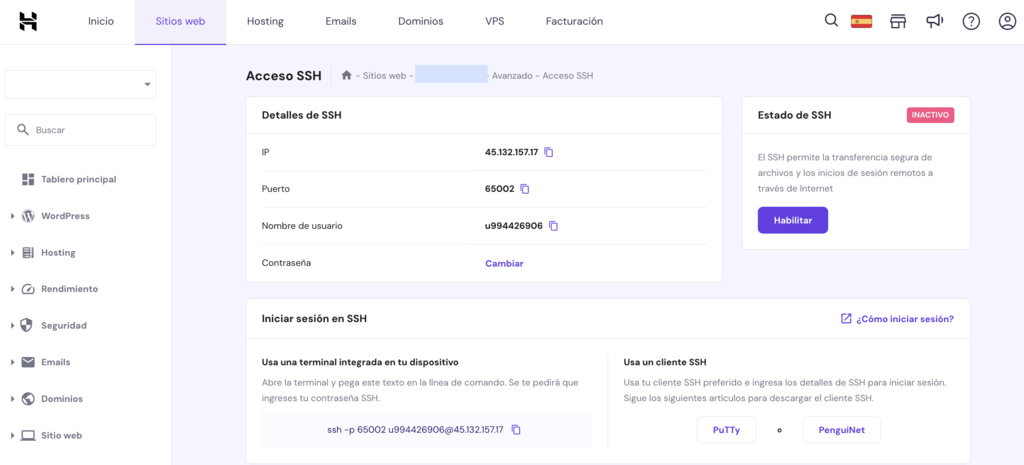 Sección de Acceso SSH de hPanel