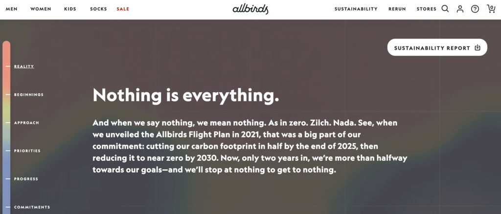 Sección de sostenibilidad de Allbirds