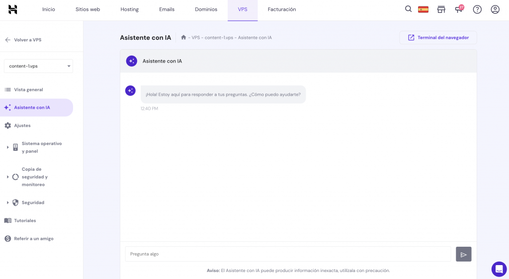 Asistente con IA del VPS de Hostinger