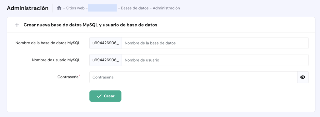 Crear nueva base de datos MySQL de hPanel
