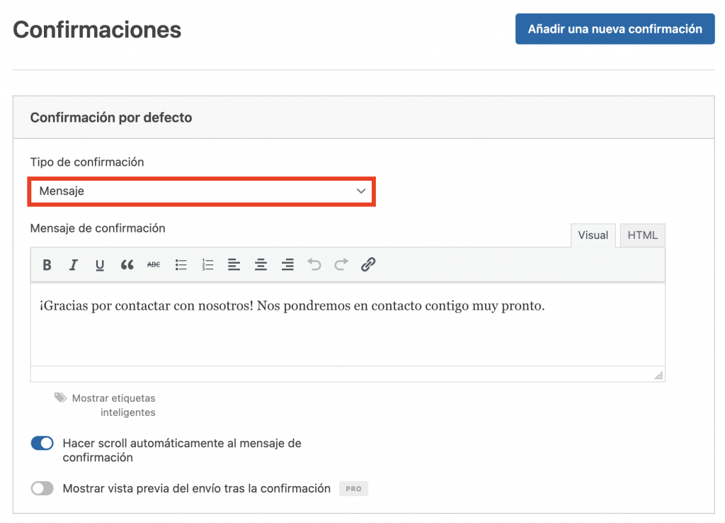 Sección de Confirmaciones de WPForms