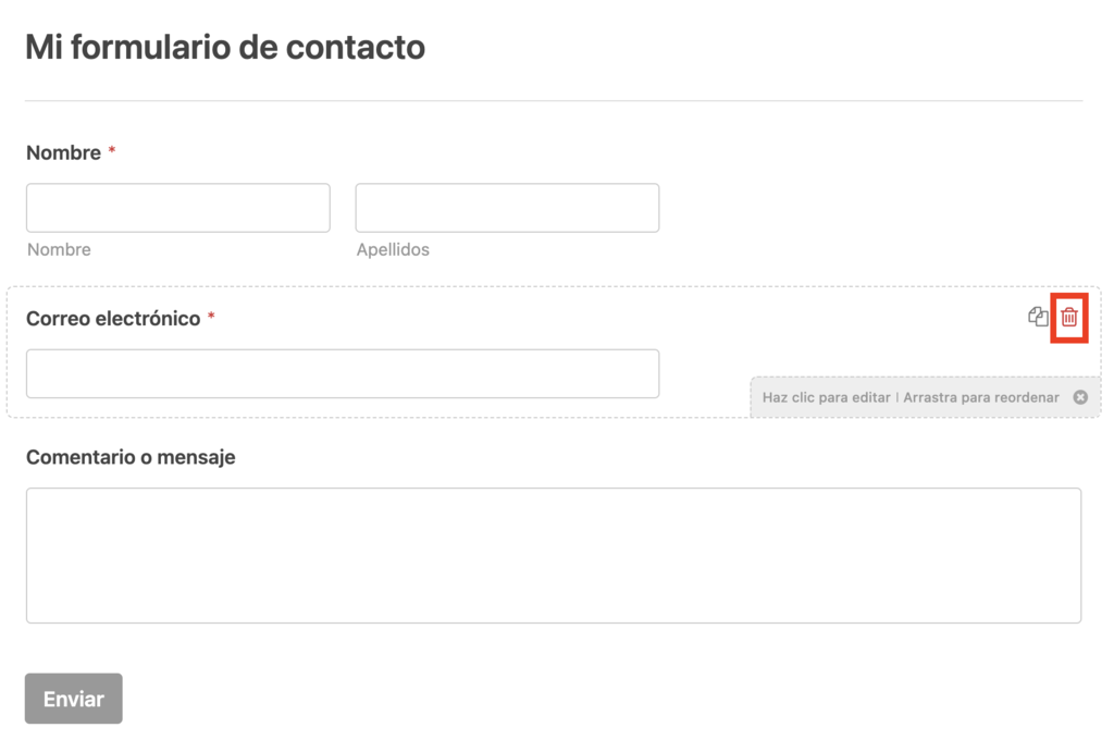 Opción para eliminar campos en WPForms