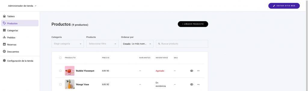 Página de productos del Creador de sitios web de Hostinger