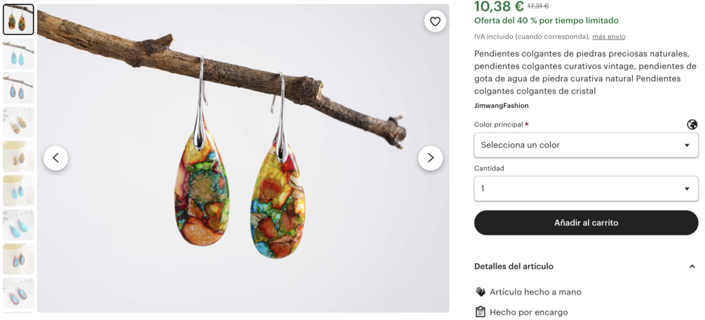 Ejemplo de aretes hechos a mano para vender en Etsy