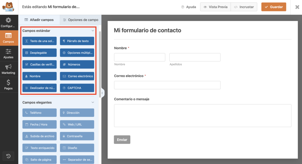 Sección de Campos estándar de WPForms