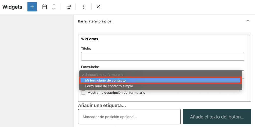 Añadir widget de WPForms de WordPress