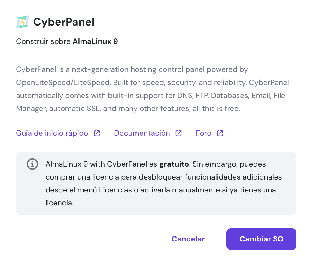 Descripción de SO en hPanel