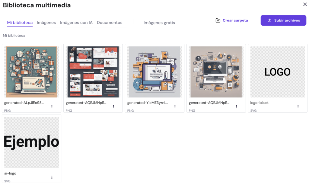 Biblioteca multimedia del Creador de Hostinger
