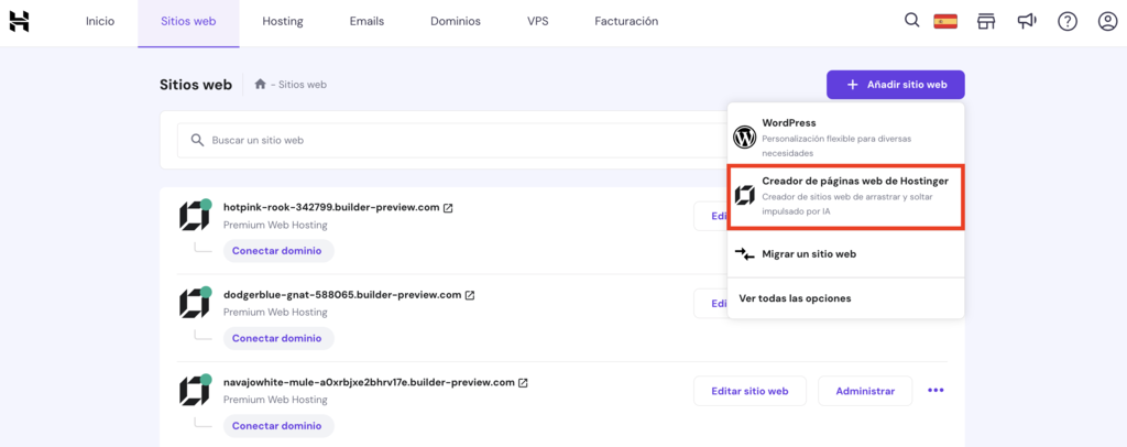 Creador de páginas web de Hostinger