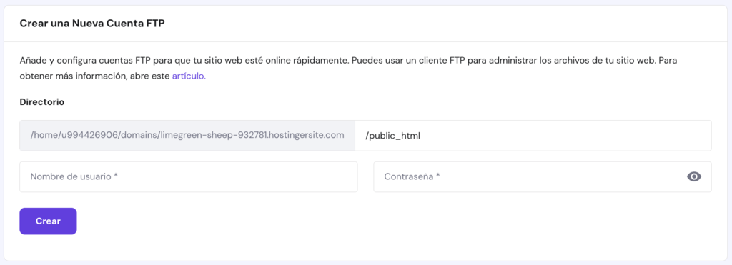 Crear una nueva cuenta FTP en hPanel