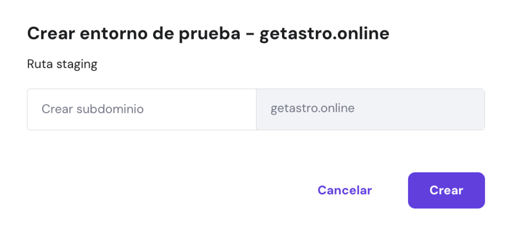 Mensaje de creación de entorno de prueba en hPanel