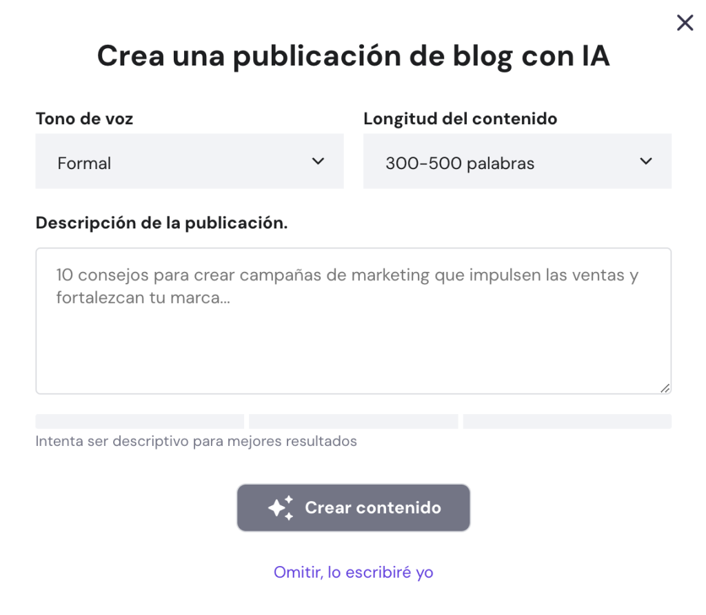 Sección para crear un post con IA del Creador de Hostinger